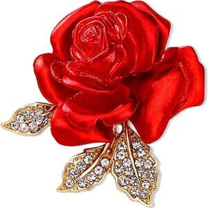 Crystal Red Rose Flower Brooch Pins for Women Sparkling Enamel Rhinestone